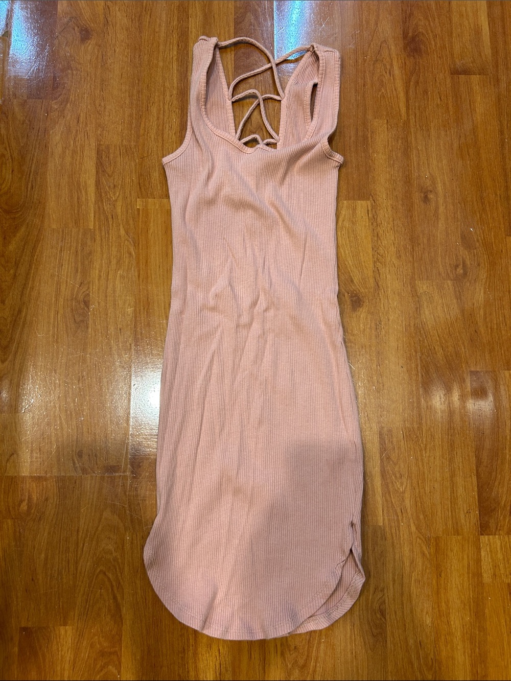 Women’s Ribbed Tank Midi Dress with Lattice Back - Blush Pink